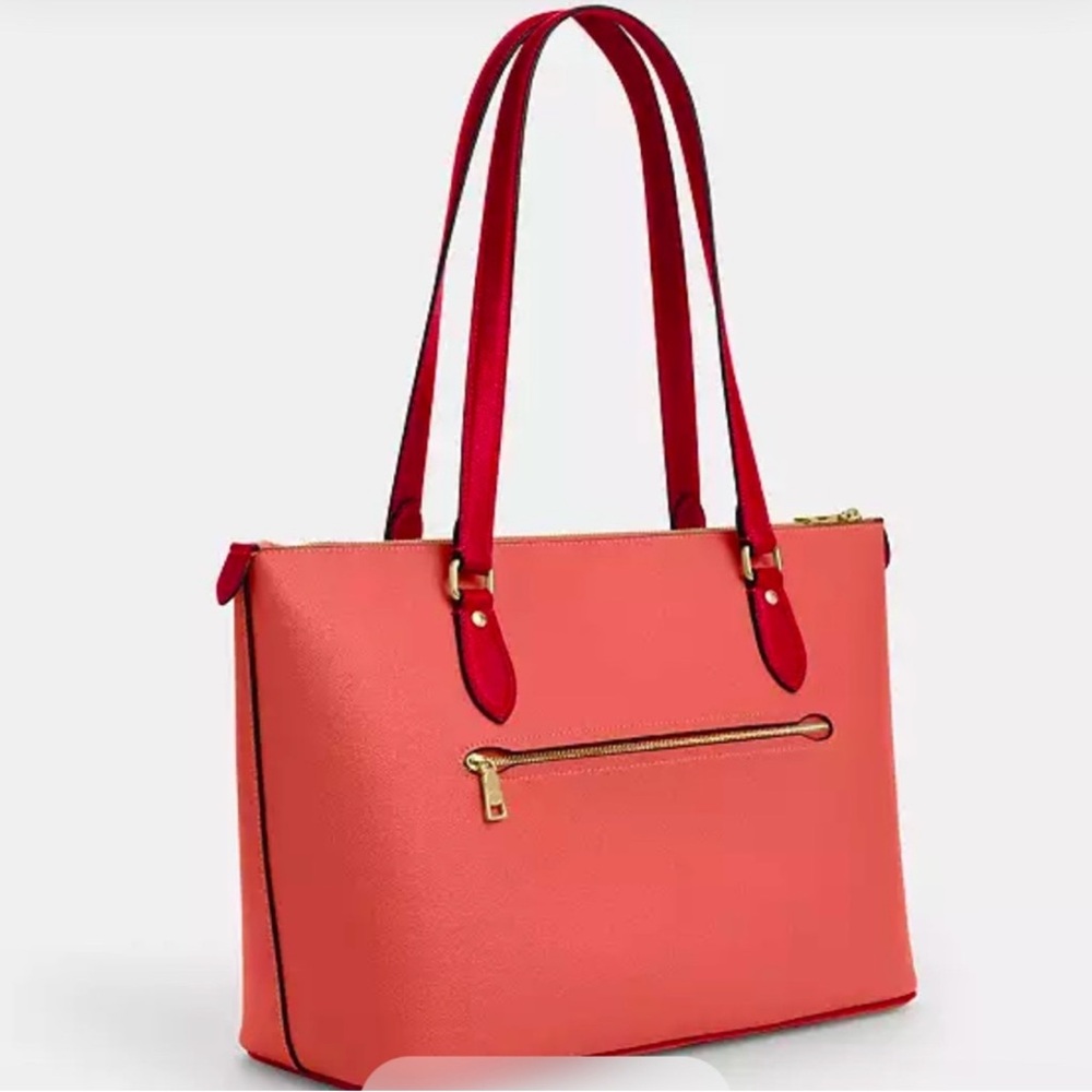 🧡Coach NWT Coral pink  Gallery Tote Bag with red strap and gold accents.🧡 - Picture 2 of 6
